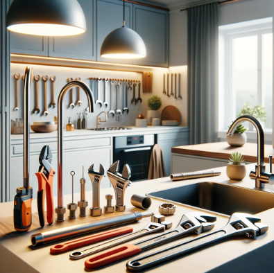 rørlegger verktøy til hjemmet på et kjøkken