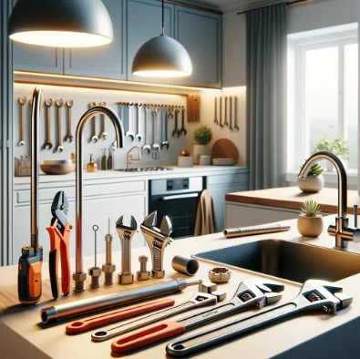 rørlegger verktøy til hjemmet på et kjøkken